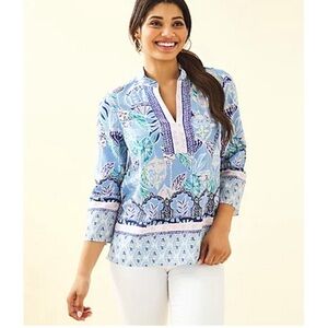 Lilly Pulitzer Asani Tunic‎ Top Blue Peri Lapis Lanterns Silk Blend Blouse